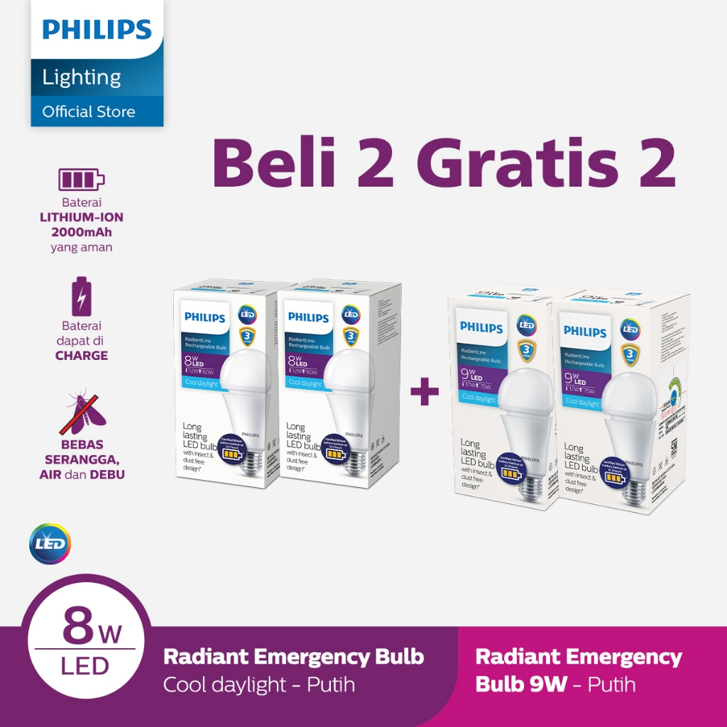 Beli 2 Lampu Philips Radiantline Emergency LEDBulb 8W E27 6500K 230V Putih Gratis 2 Philips Radiantl