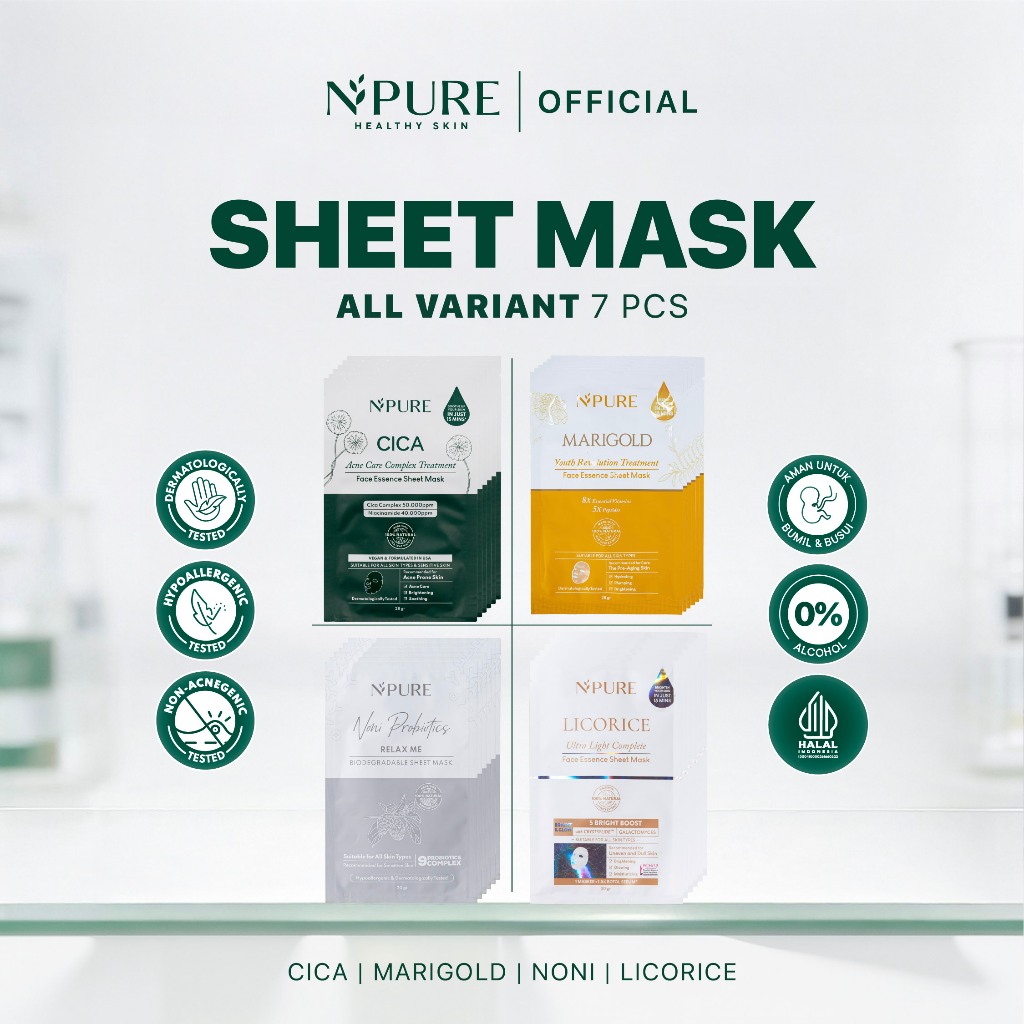 NPURE Sheet Mask 7 PCS PAKET HEMAT – Cica, Noni, Marigold, Licorice