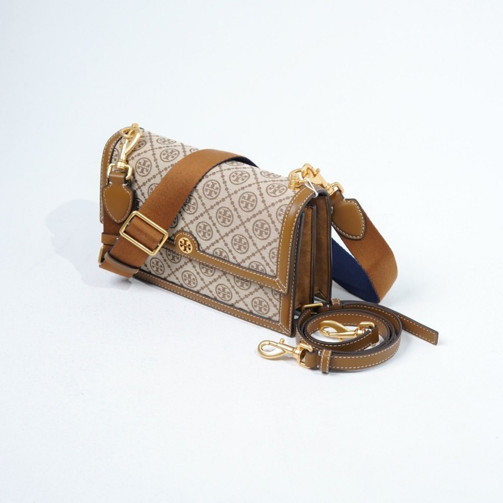 Tas TB THEA JACQUARD MONOGRAM BEIGE CAMEL FLAP SHOULDER BAG SMALL 100% ORIGINAL
