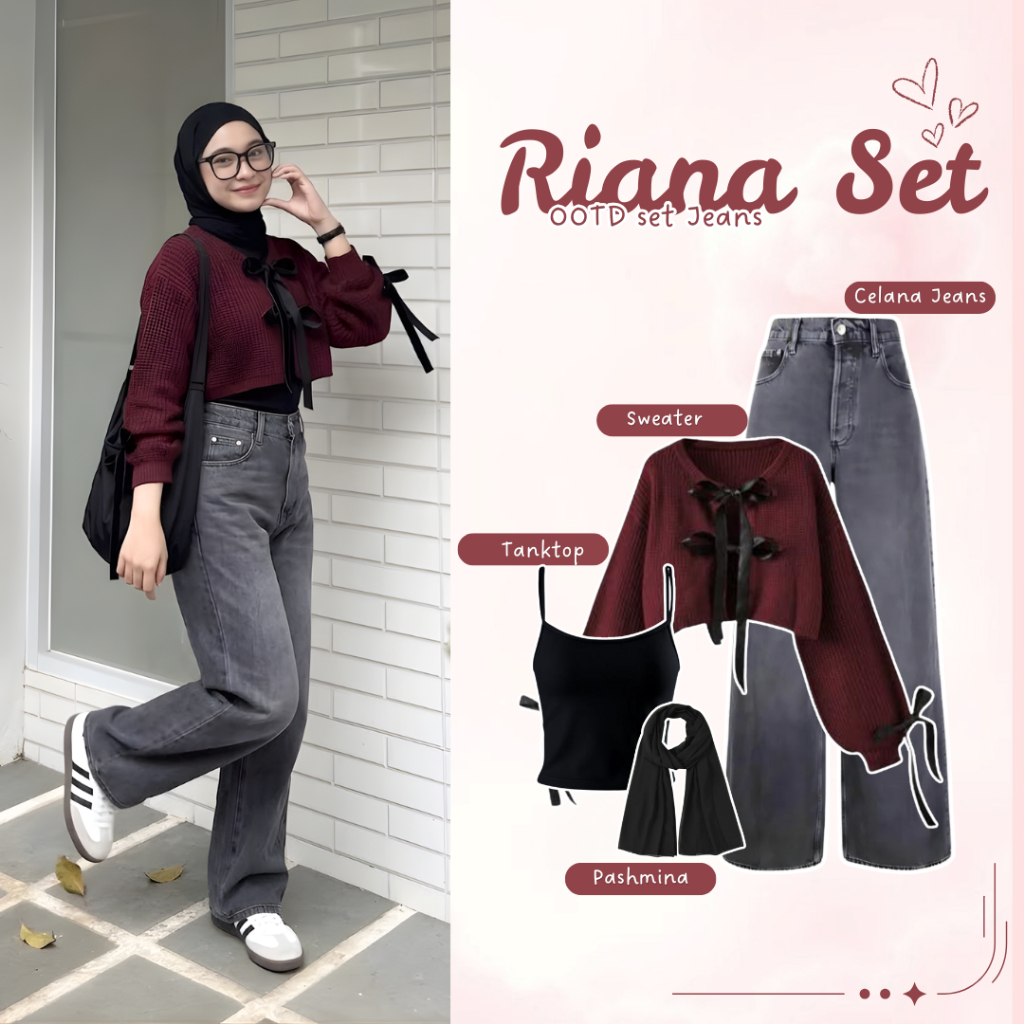 Outfit Set Korean style pakai Hijab ( inner tanktop Hitam rib + sweater Rajut warna Maroon + Celana 