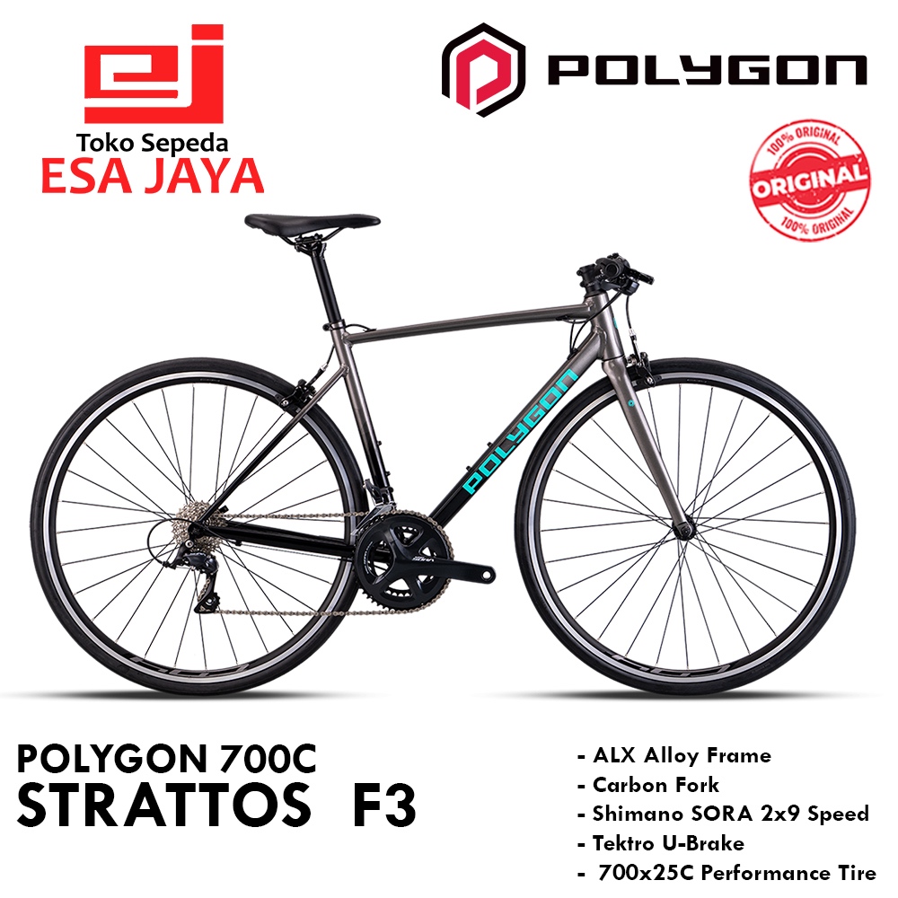 Polygon Strattos F3 700C Sepeda Road Bike Flatbar Shimano Sora 2x9 Speed – Alloy Frame & Carbon Fork