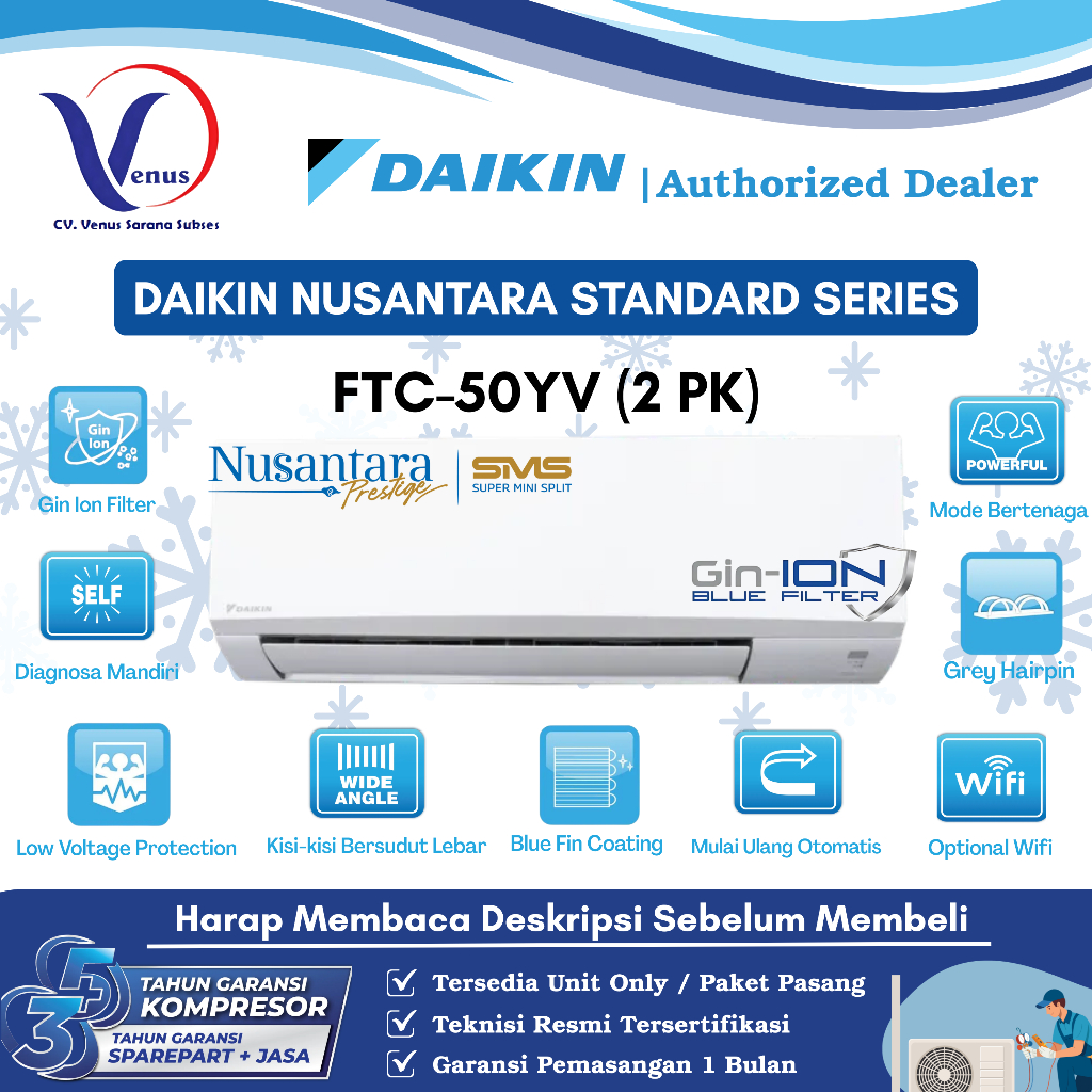 AC DAIKIN 2 PK STANDARD FTC-50YV NUSANTARA SERIES TIPE TERBARU