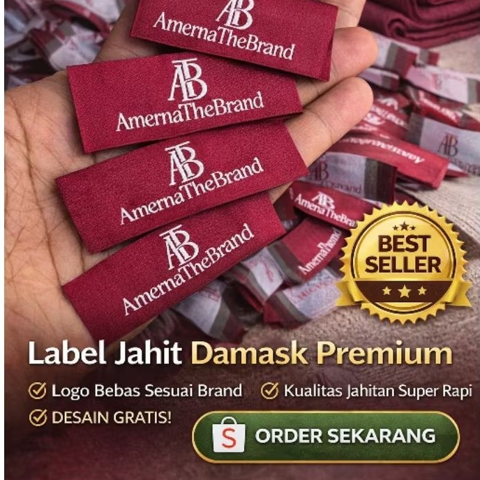 Label Woven Hijab 1.5cm Custom Logo | Label Bordir Damask | Label Kain Brand