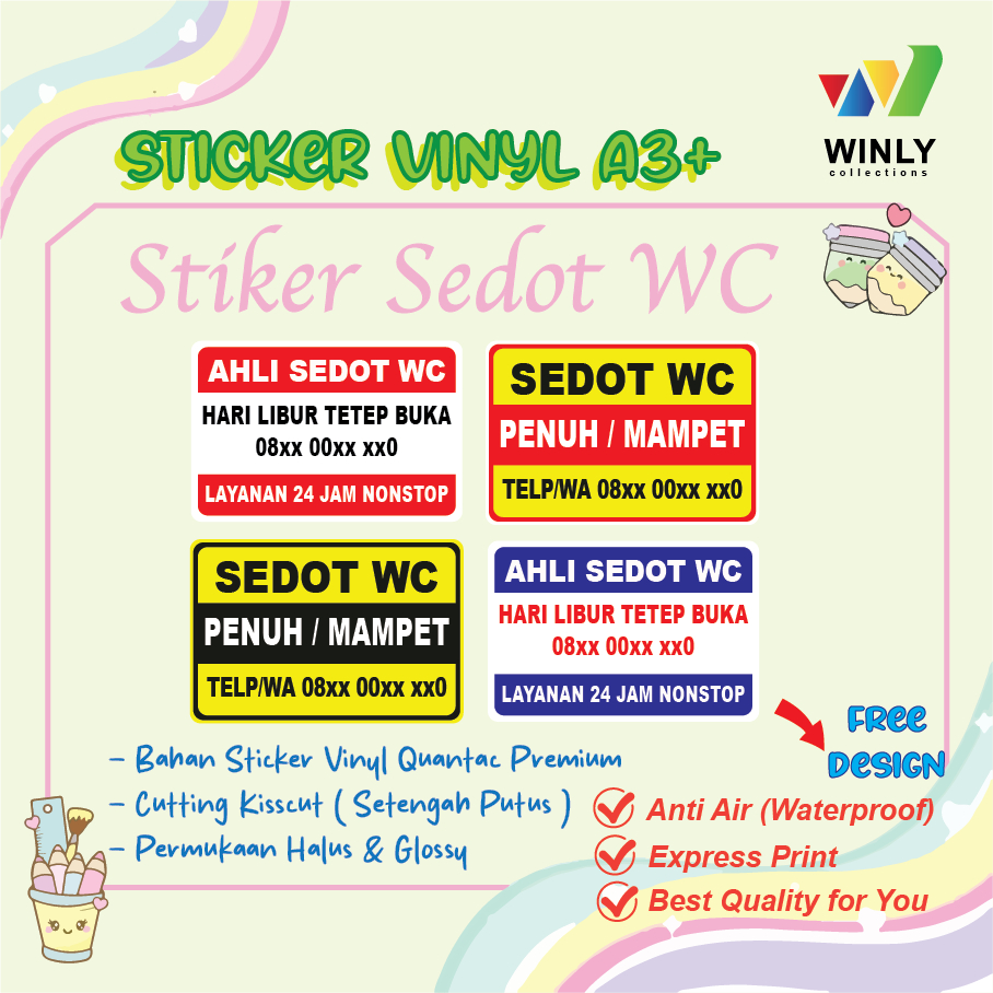 Cetak Stiker Vinyl Jasa Sedot WC Mampet Penuh Toilet Dekorasi Vinil Vynil A3+ Custom