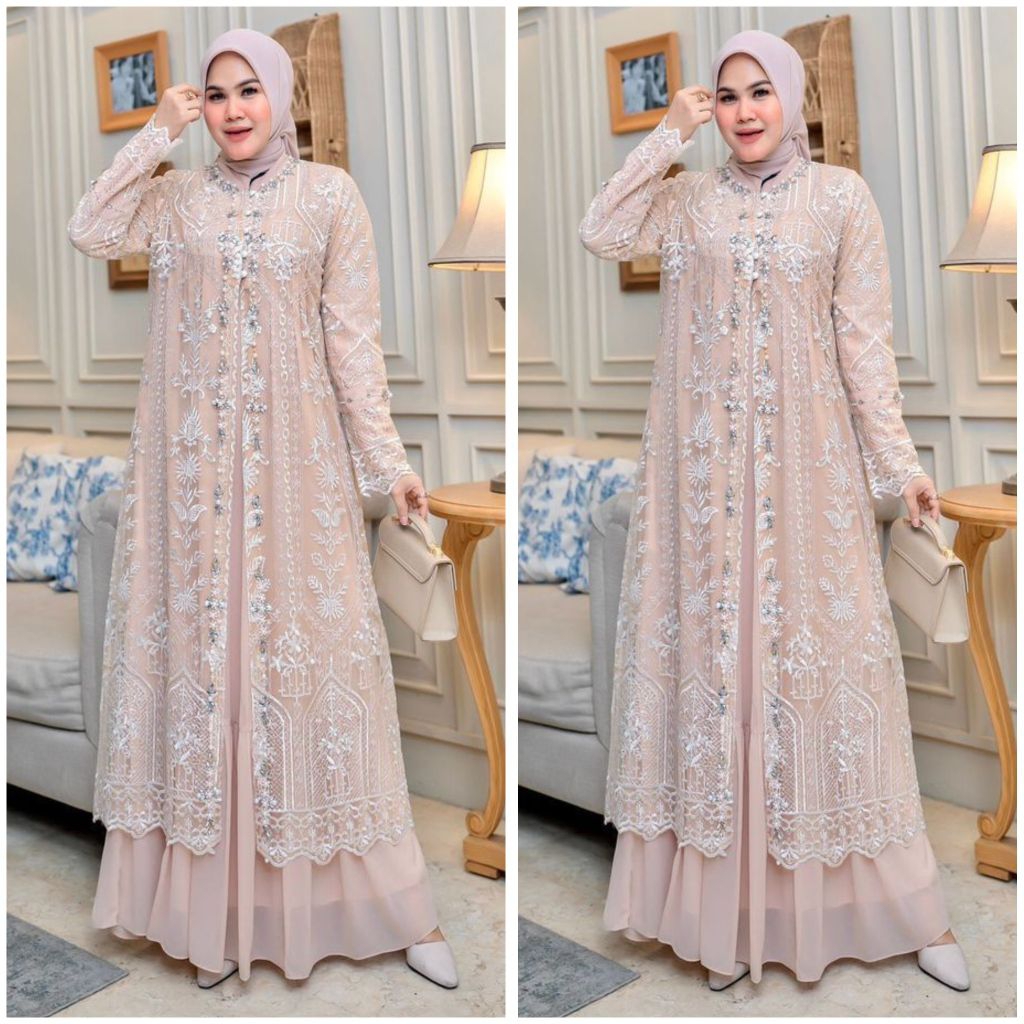 Gamis mewah untuk pesta model terbaru Safira Dress ( Dress + outher brukat )Bahan: ceruty mix brukat