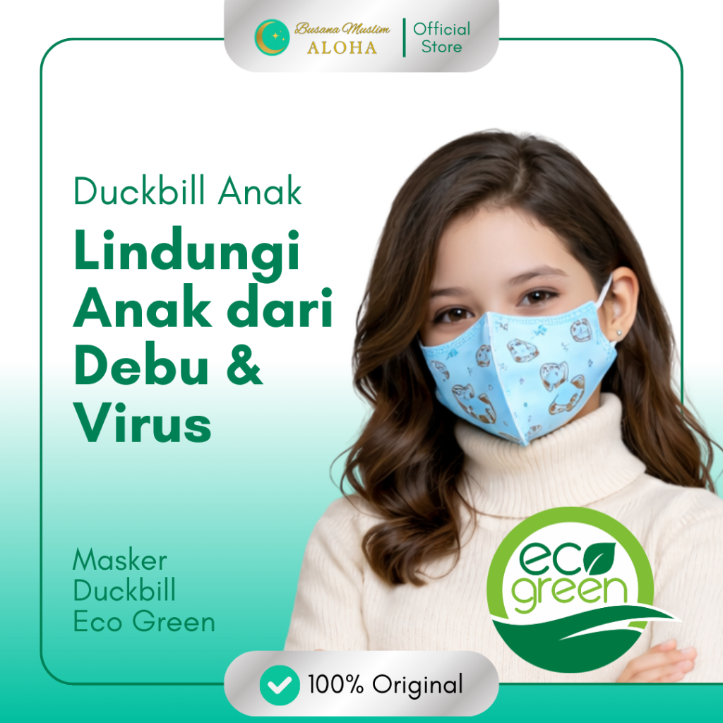 Masker Duckbill Anak Motif 3ply Eco Green 1 Box isi 50 pcs Original Aloha
