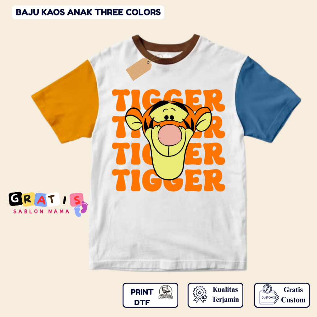 shabira tas  - Kaos Anak TIGER  - Kaos Anak Pendek Three Colors Dino - Kaos Anak Sablon Nama