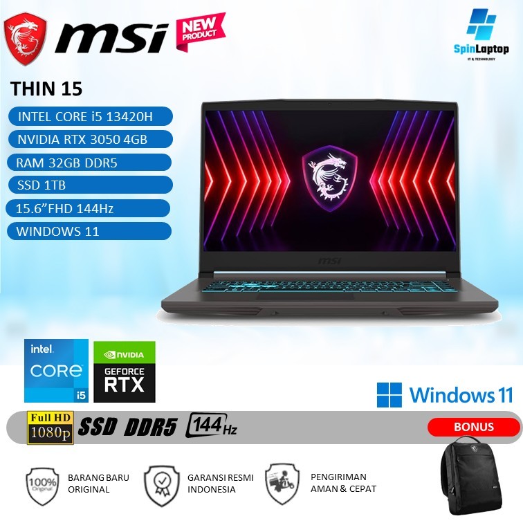 Laptop Gaming TerMurah MSI THIN 15 | Core i5 13420H RTX3050 4GB/ RAM 32GB 1TB Performa Andal