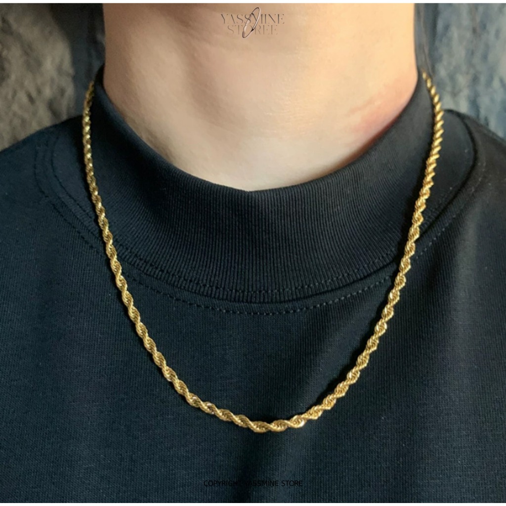 Kalung Tambang Emas Asli Look Titanium Rantai Tambang Premium Anti Luntur