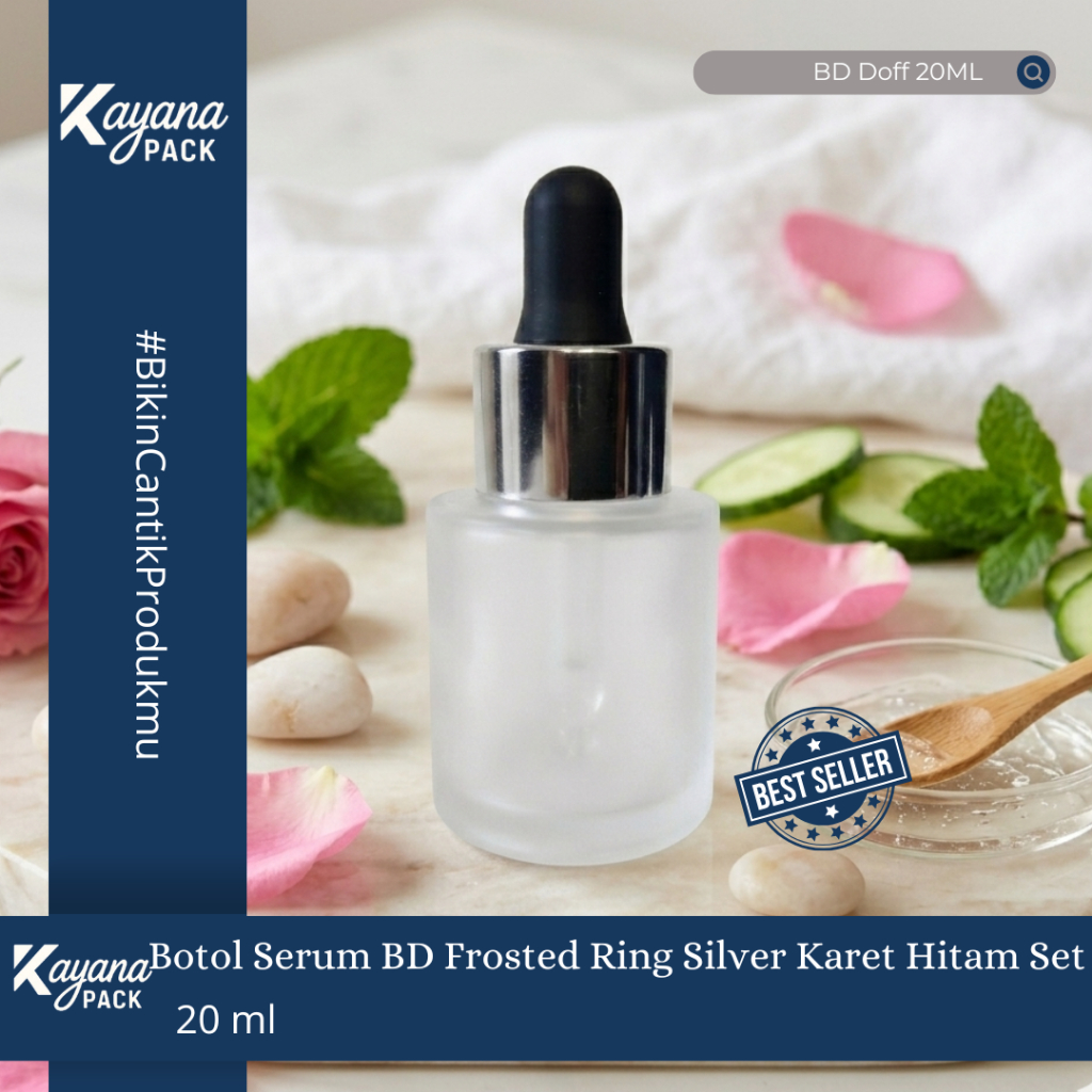 BOTOL PIPET SERUM KACA FROSTED DOFF 20ML RING SILVER KARET HITAM SET / BOTOL KACA DOFF 20 ML SILVER 