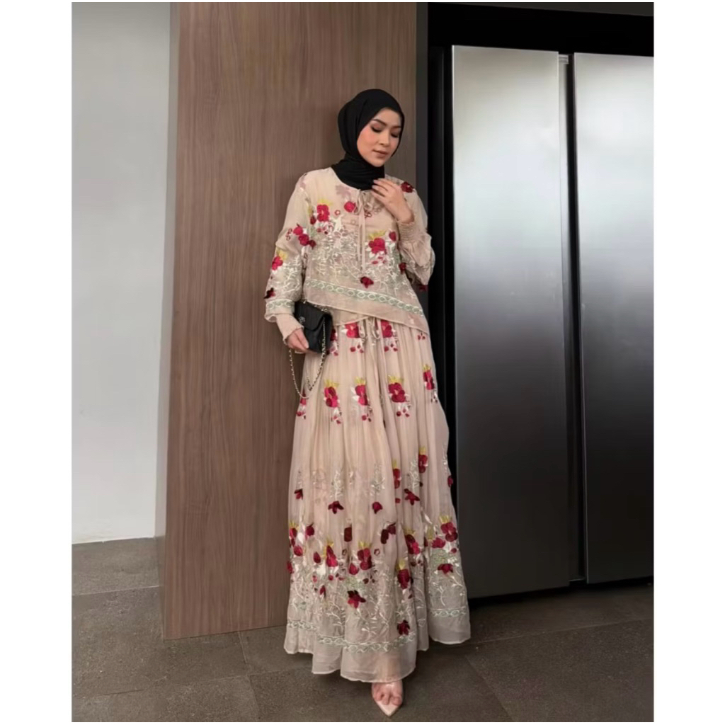 GONEGANI OFFICIAL - Dress Wanita Motif Bunga Bahan Organza Tissue Floral Embroidery Halwa Dress