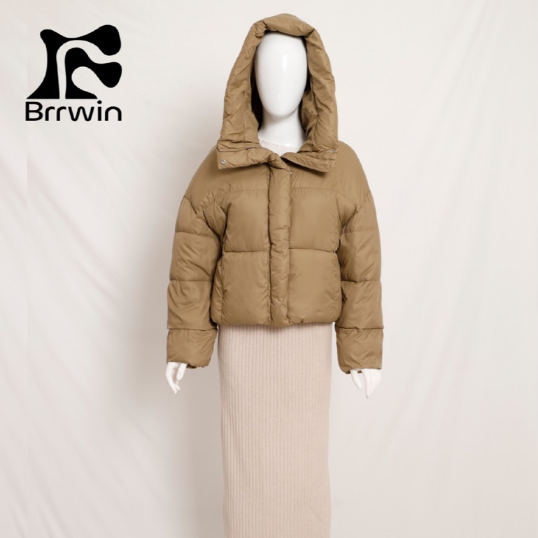 Brrwin Hooded Crop Puffer Jacket - Khaki Tan (Windproof & Warm)