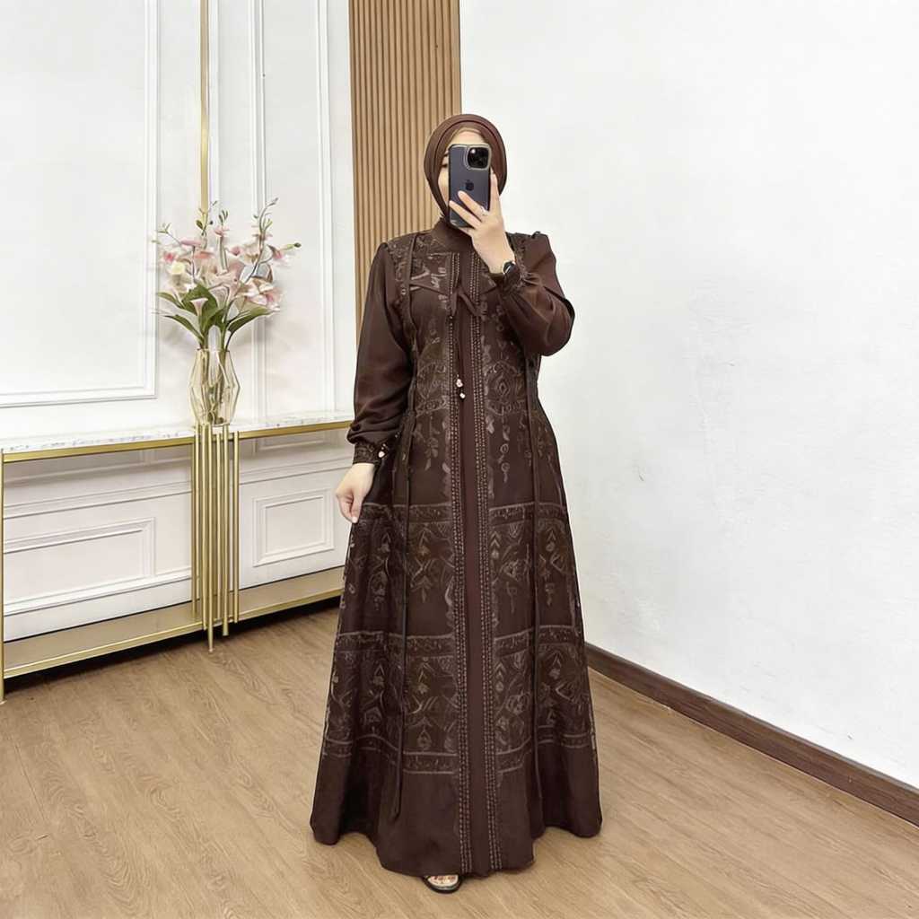 Zayra Dress Gamis Pesta Kondangan 2026 Elegan Mewah Gamis Ceruty Premium Mix Brukat Motif Etnik Gaun