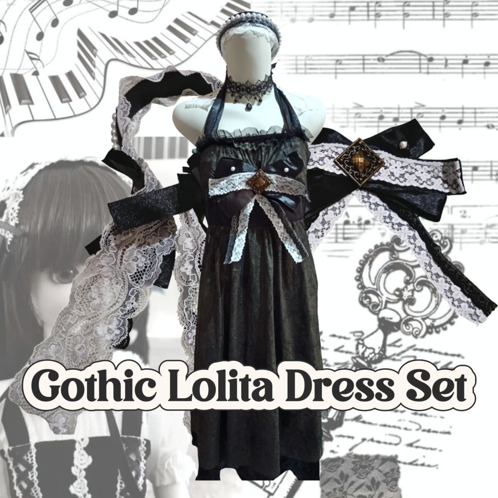 Gothic Lolita Dress Set Black Lace Apron Dress with Bow & Headpiece - Dark Feminine | Gothic Lolita 