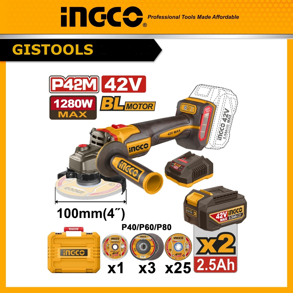 Gerinda Cordless 48V Brushless INGCO CAGLI4128102 Mesin Gerinda Baterai 48Volt