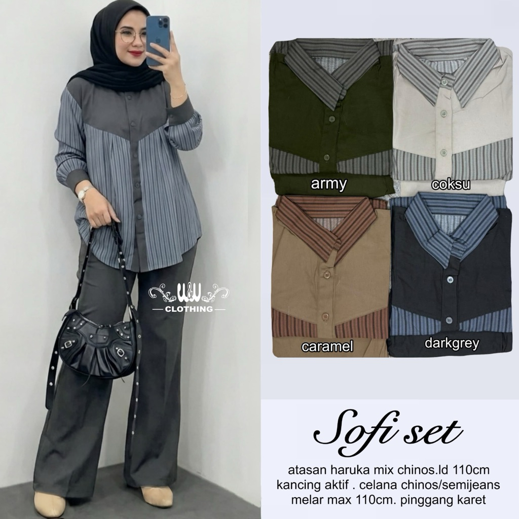 One Set Wanita Sofi Set Bahan Chinos Semi Jeans Busui Friendly LD 110cm