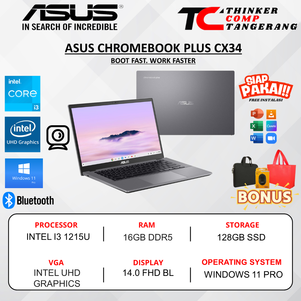 ASUS Chromebook Plus CX34 i3-1215U 8GB 128GB 14" FHD Laptop Windows 11 Pro