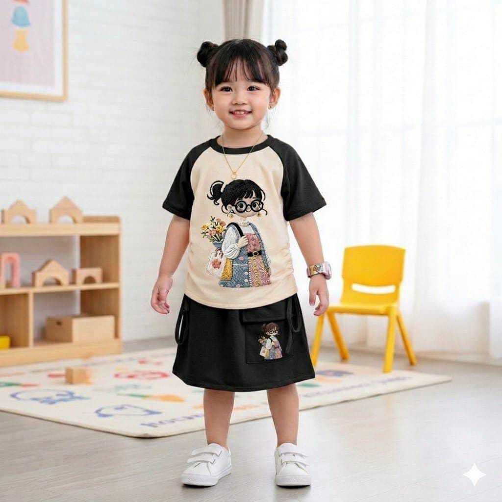 Setelan Rok Anak Kartun Model 3 Dimensi Cewek Kacamata Rok Kargo 2-10 Tahun
