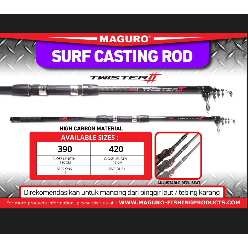 Rod Maguro Twister II 390 420 Joran Surf Casting Teleskopik Carbon Antena Kuat Ring Keramik
