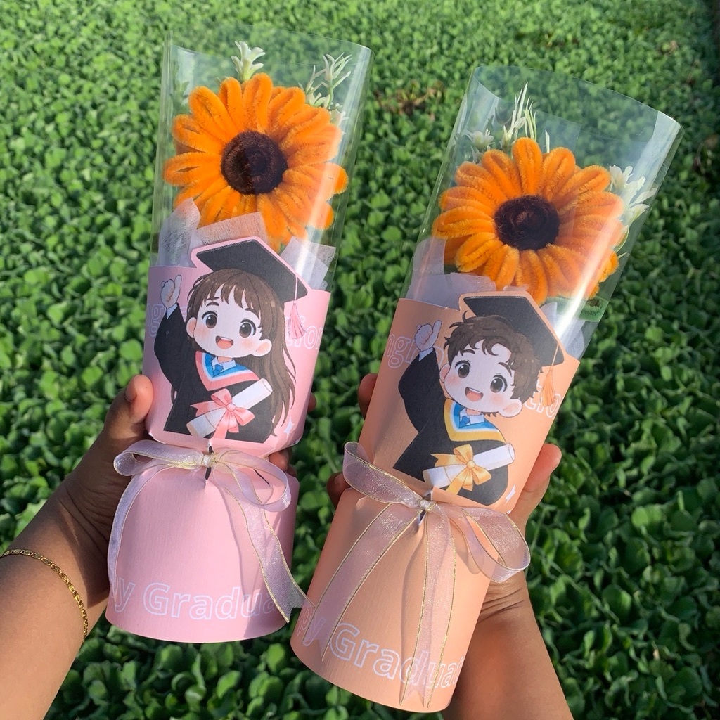 Buket Wisuda Sunflower Lucu | Bunga Kawat Bulu + Boneka Wisuda | Kado Kelulusan Aesthetic Buket Wisu