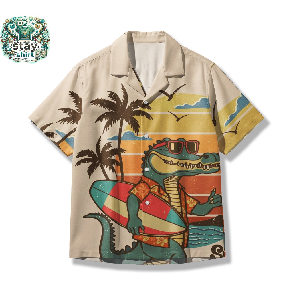 Kemeja Unisex Vintage Surf Crocodile - Baju Pantai Pria Wanita Motif Buaya Retro - Atasan Casual Len
