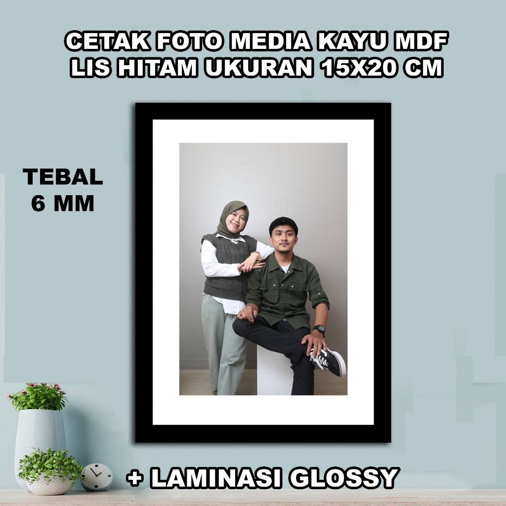 Cetak Foto Media Kayu MDF 15x20 cm lis hitam, lis putih, full frame + Laminasi Glossy