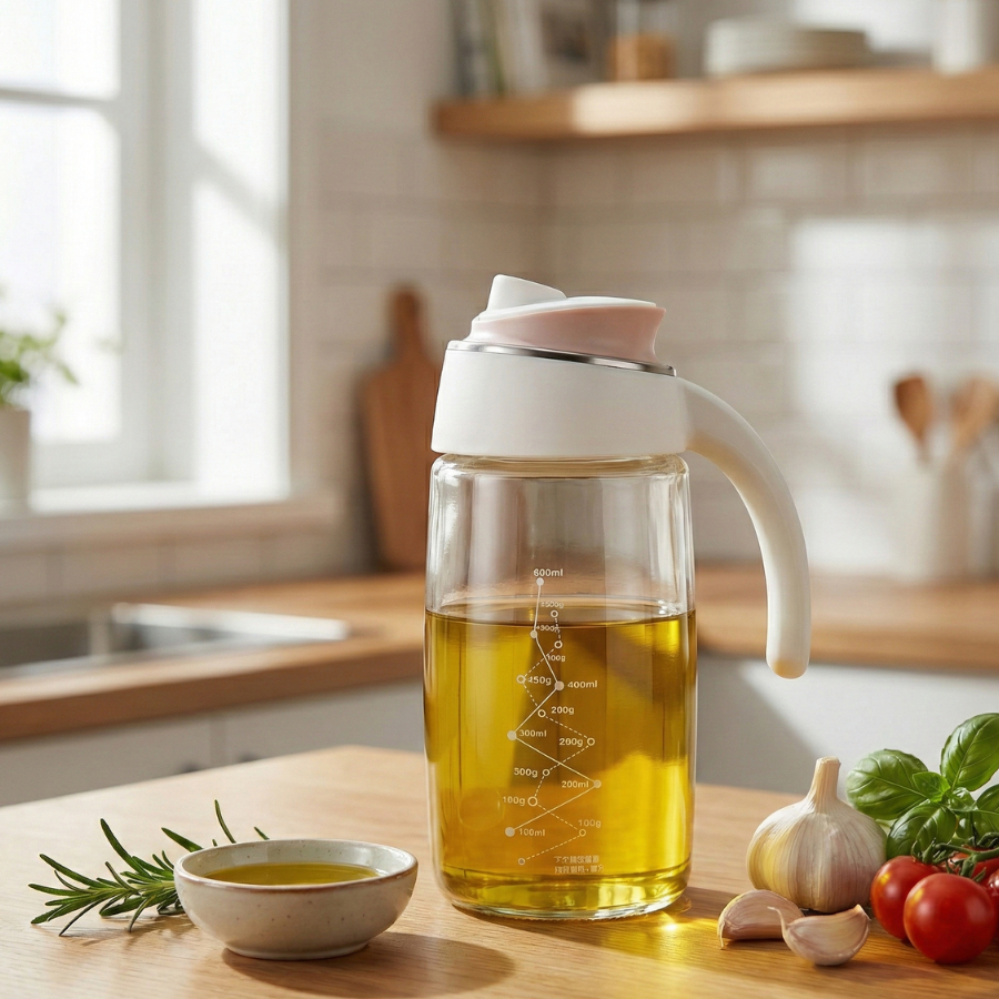 Botol Minyak Goreng Kaca 820ml Estetik Wadah Kecap Saos Buka Tutup Otomatis Anti Tumpah