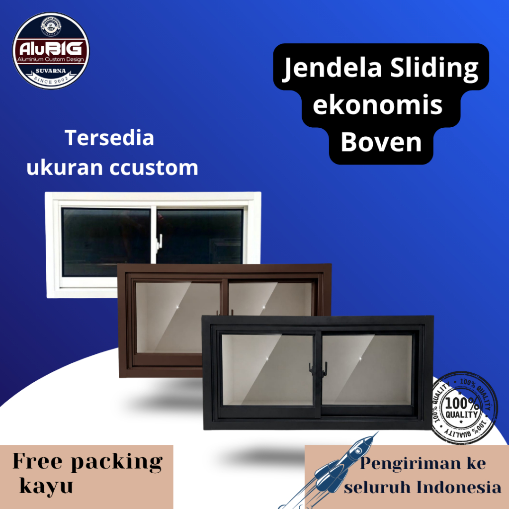 Jendela sliding Boven uk T50cm, warna hitam , putih, coklat, kaca 5mm , polos/ryben