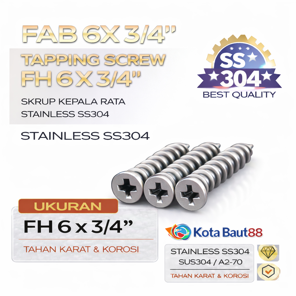 FAB 6X  3/4 Tapping Screw FH 6 X   3/4 Skrup Kepala Rata Stainless SS304