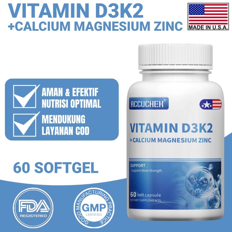 Suplemen Vitamin D3 K2 + Calcium Magnesium Zinc, Mendukung Kesehatan Tubuh Secara Menyeluruh, 60 sof