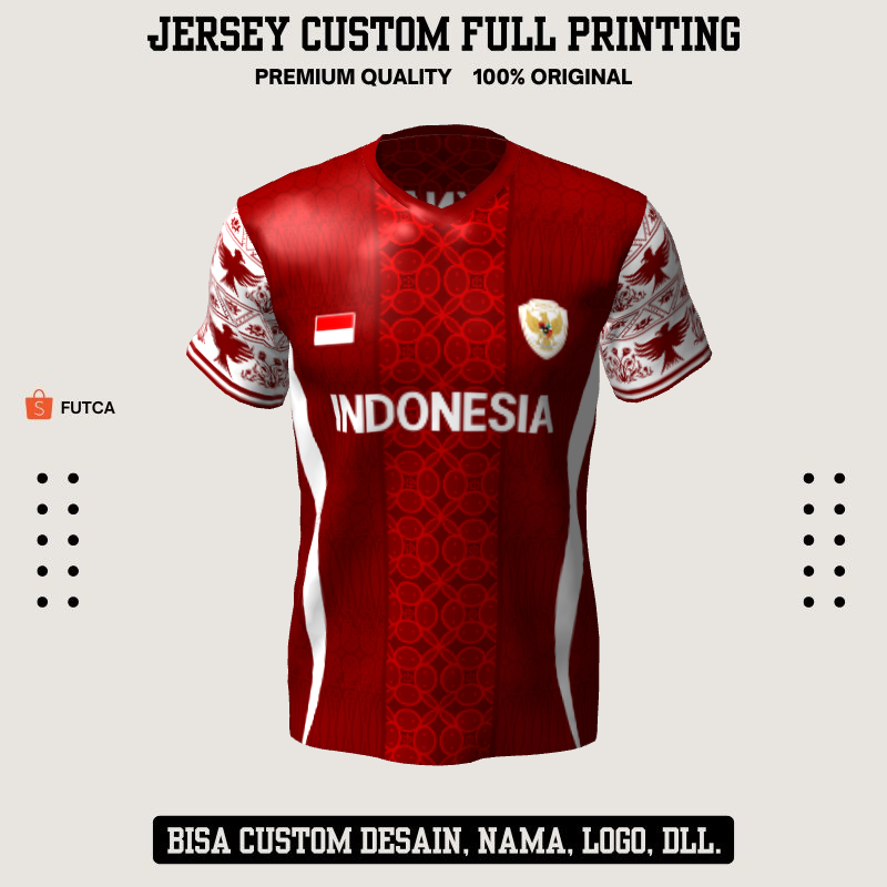 Kaos Jersey Futsal Timnas Merah Putih Motif Batik Geometris 589 - Jersey Sepakbola Bisa Custom Nama