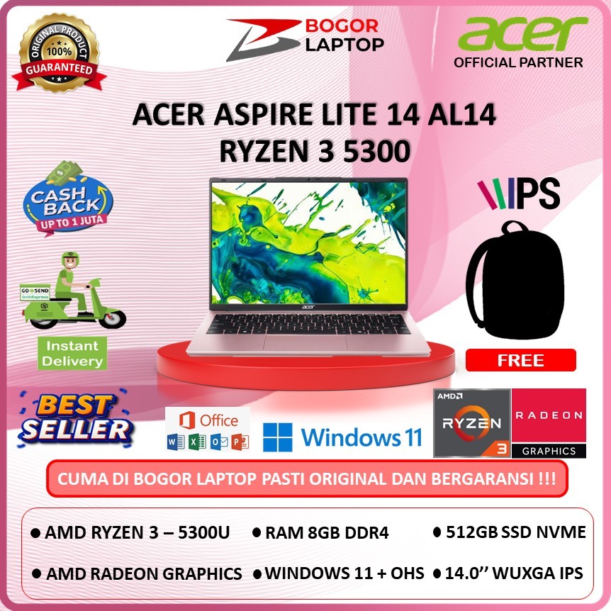 ACER ASPIRE LITE 14 AL14 RYZEN 3 5300 8GB 512GB WINDOWS 11 + OHS 14'' INCH WUXGA IPS