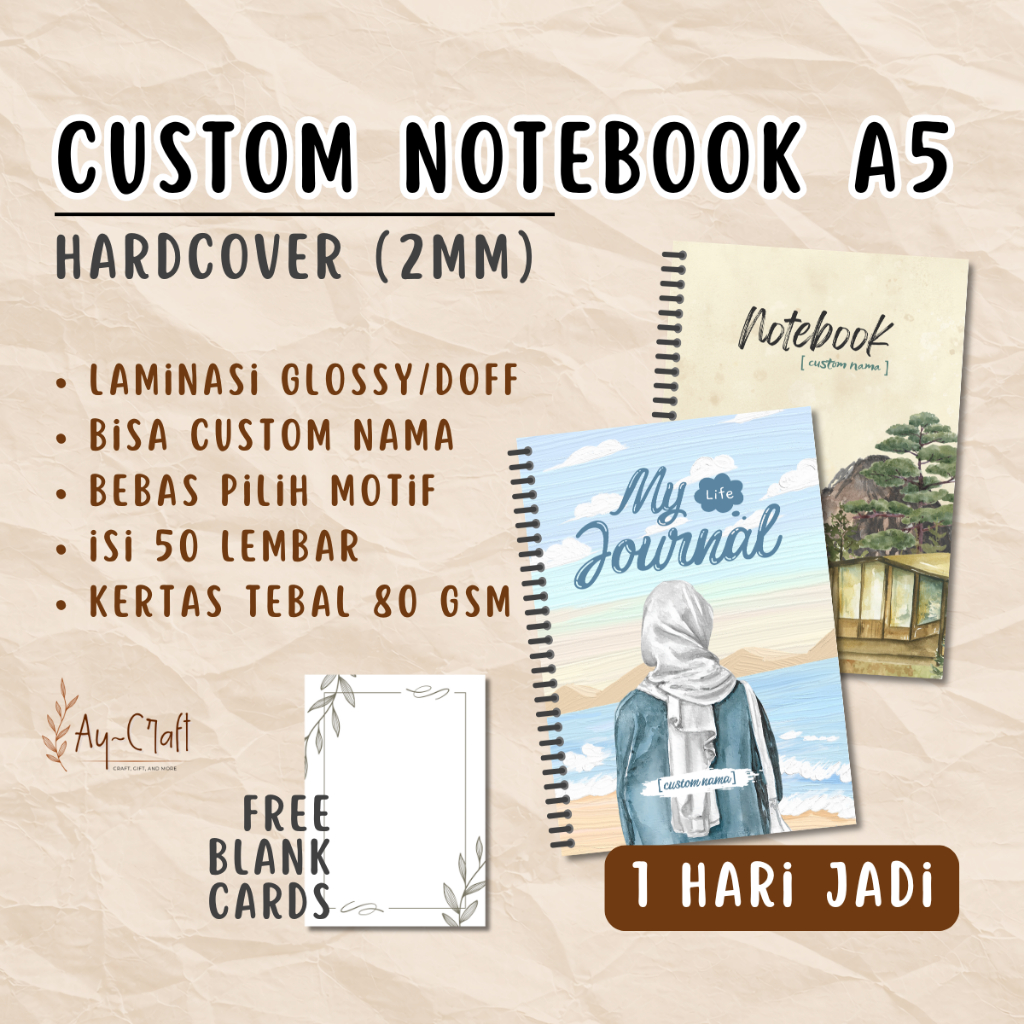 Premium Notebook A5 Custom Hardcover Jilid Spiral Isi 50 Lembar (100 Halaman) / Notebook Custom Gift