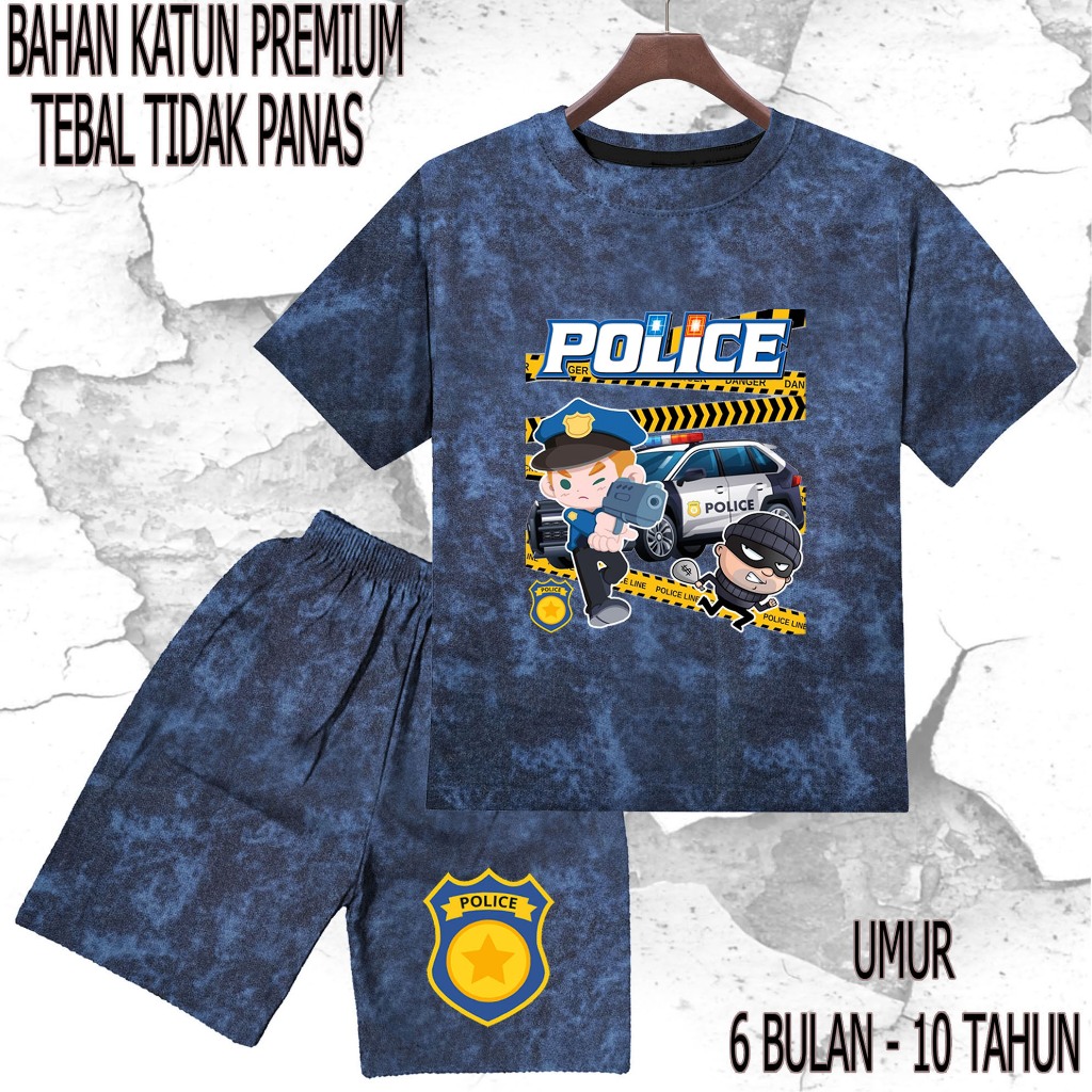 setelan baju anak - anak mobil polisi 1 umur/tahun 6 bulan - 10 tahun bahan katun premium sablon DTF