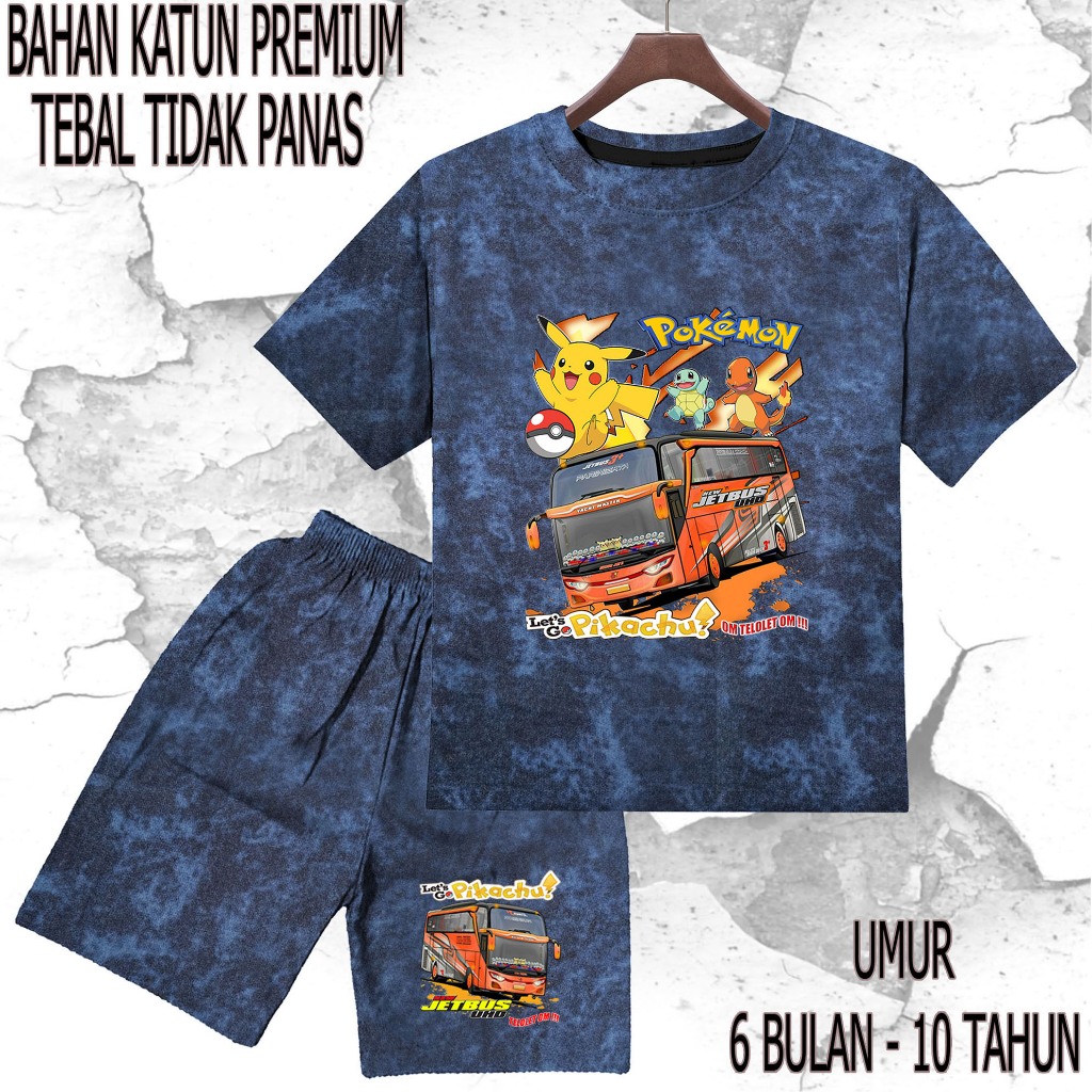 setelan baju anak - anak mobil bus pokemon umur/tahun 6 bulan - 10 tahun bahan katun premium sablon 