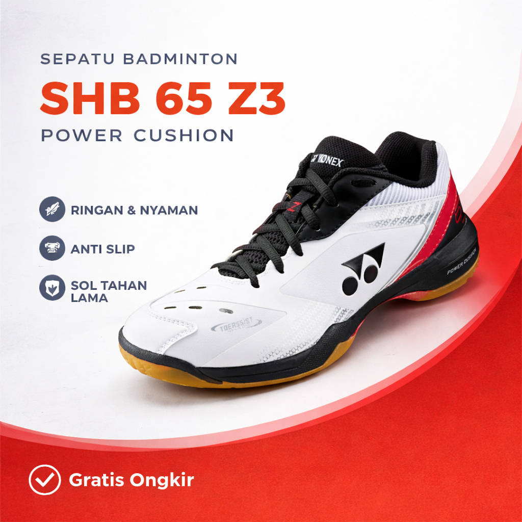 Sepatu Badminton Yonex Power Cushion SHB65 Z3 White Red - Sepatu Olahraga Bulutangkis Pria & Wanita