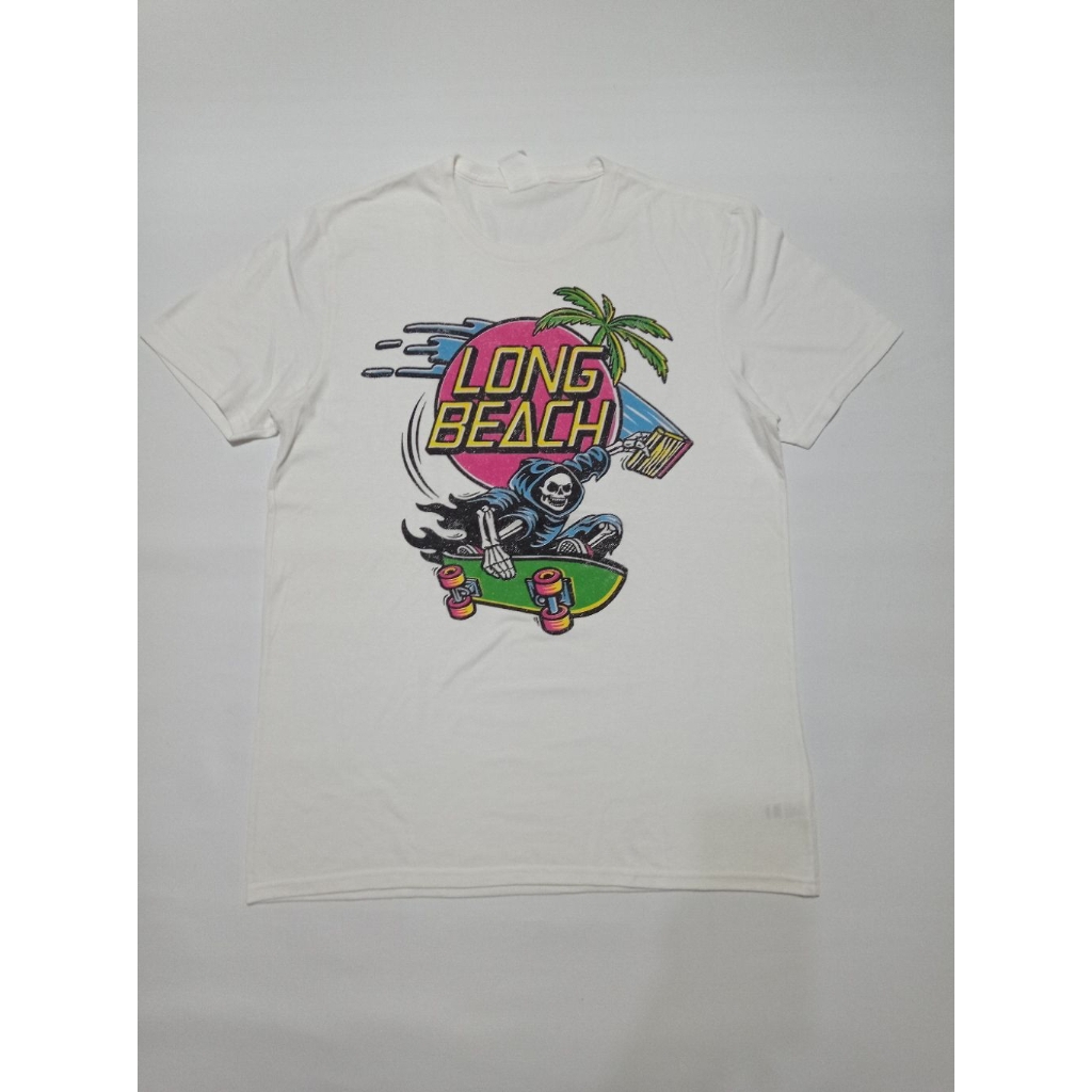 Kaos Parodi Santa Cruz Long Beach Skateboarding Surfing Skeleton Warna Putih Size L Second Brand All
