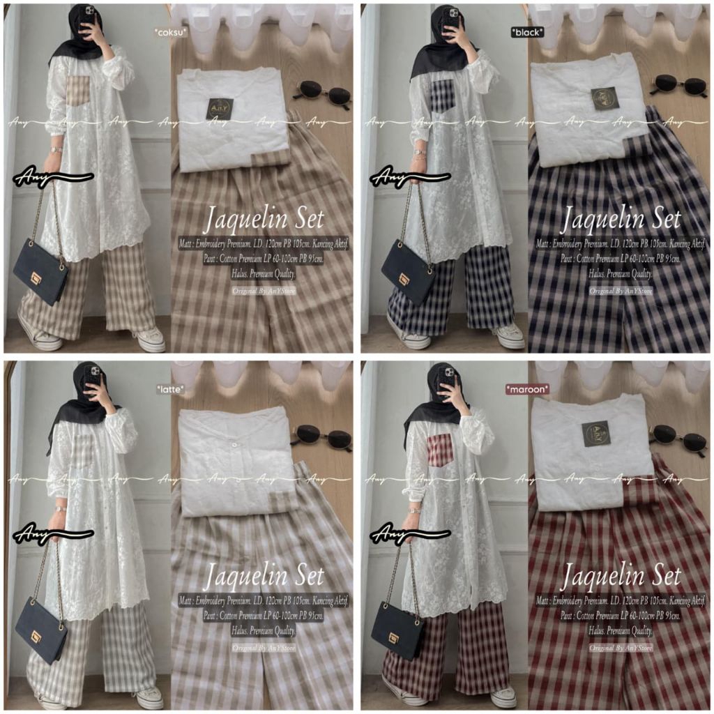 (( RESTOCK )) JAQUELIN KEVORA SORAYA LIDIA SET CELANA ORI BY ANY A.n.Y ATHAYA // BAJU ATASAN TUNIK S
