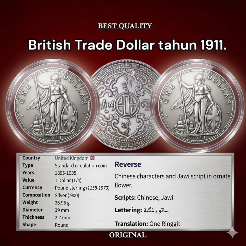 Koin Perak One Dollar United Kingdom British Trade Dollar tahun 1911