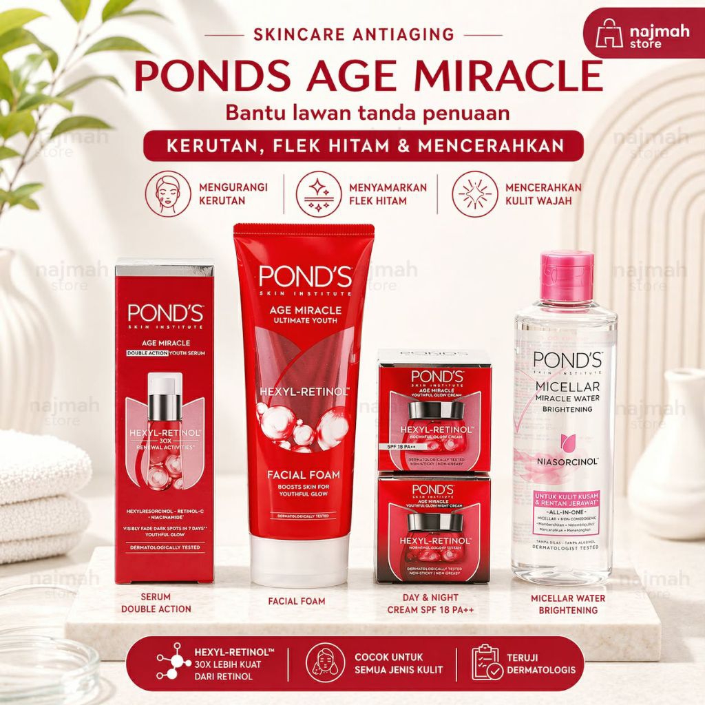 paket ponds age miracle anti penuaan serum + day & night cream + sabunmuka + micellar antiaging glow