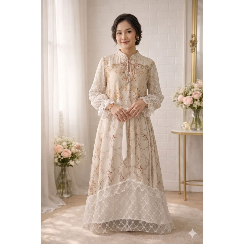 Dress Wanita Elegan Brokat Premium All Size | Gamis Pesta Kekinian Soft Cream | Baju Wanita Anggun R