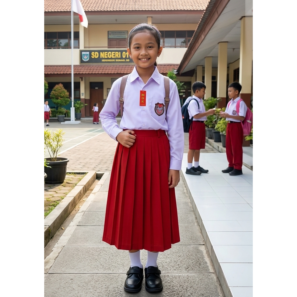 Rok Seragam SD Merah | Rok Panjang Seragam Sekolah SD - Rok Model Rempel Bahan American Drill