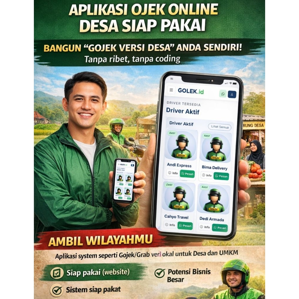 Aplikasi Ojek Online Desa Siap Pakai | Script Ojol Lokal + Antar Barang + UMKM | Golek Appinstan
