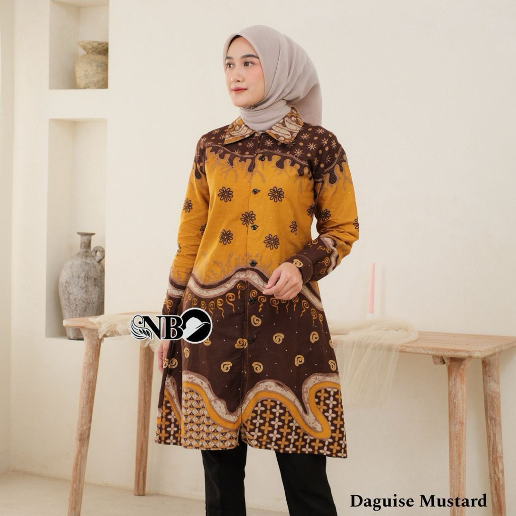 Batik Tunik Remaja Modern Lengan Panjang Motif Daguise Mustard Bahan Katun Adem Kancing Depan Busui