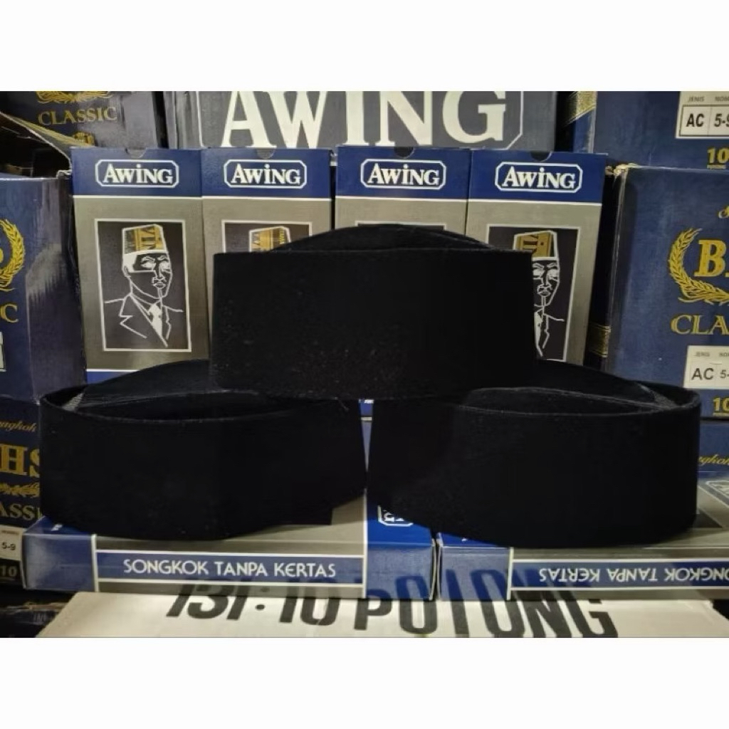 GROSIR Songkok/Peci Awing Susun Original Isi (10Pcs) Songkok Tanpa Kertas,Bludru Hitam, Bahan Berkua