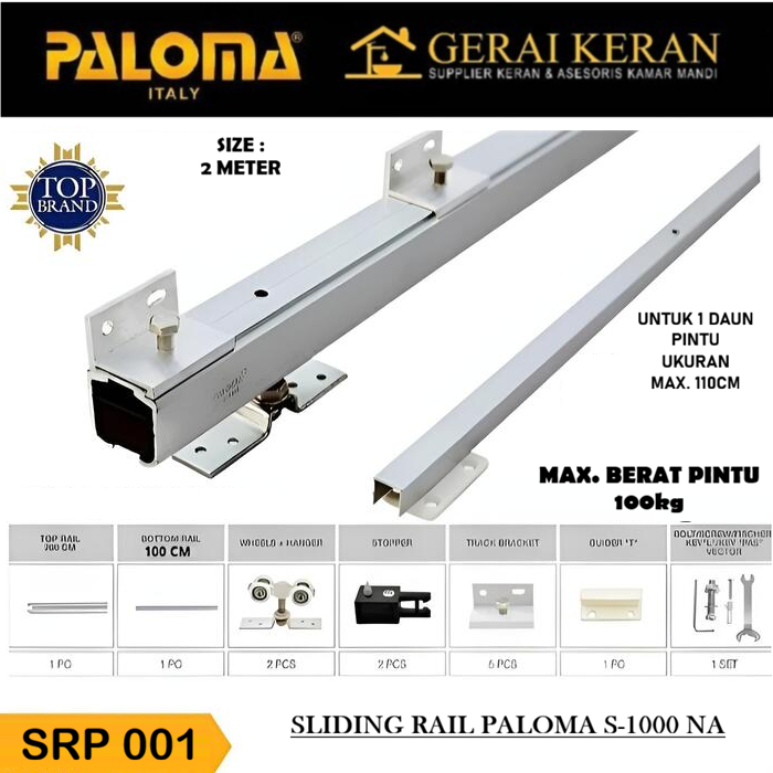 PALOMA SRP 001 Sliding Rail Rel Pintu Geser Alumunium Aluminium 2 meter 1 Daun Pintu Kayu Kaca