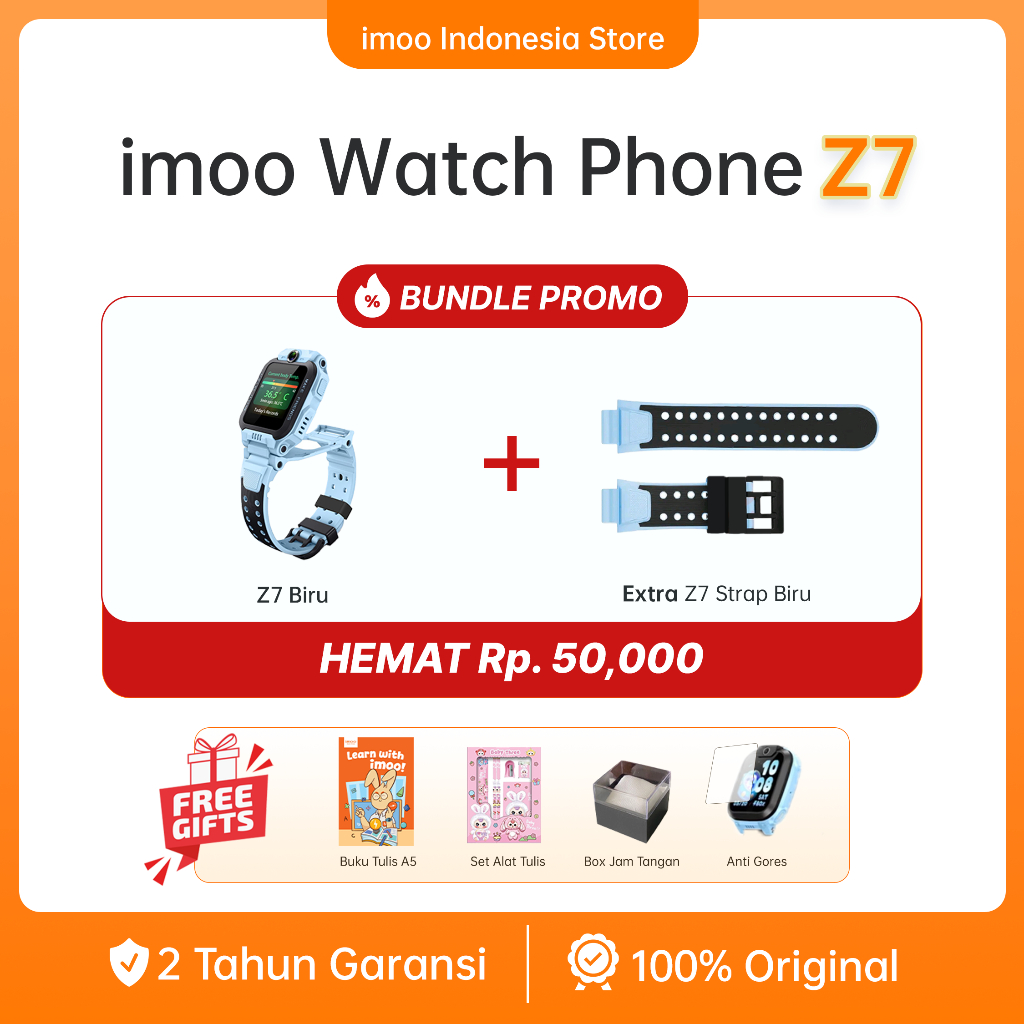 imoo Indonesia Z7 Biru Watch Phone + Strap Tali Jam Promo Bundle ORI Official Kids Smartwatch Jam Ta