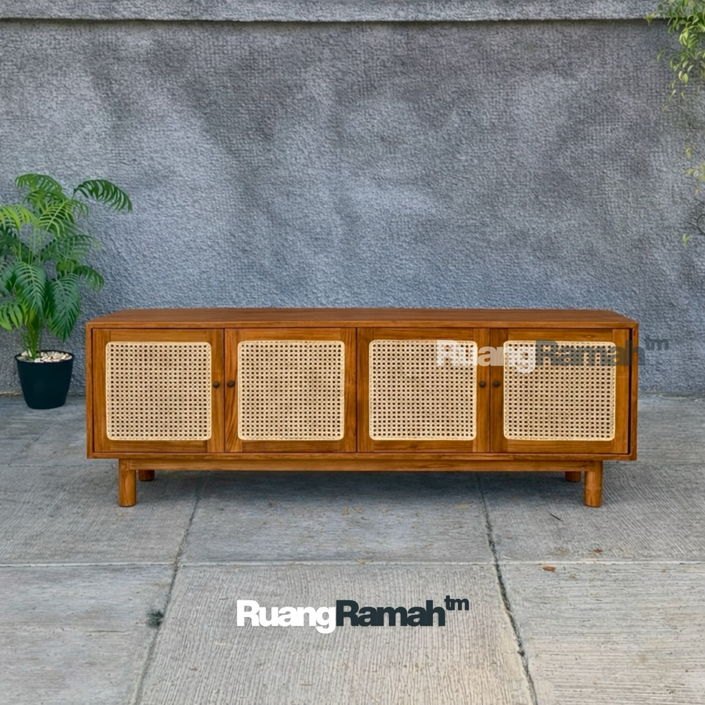 Meja TV Minimalis Modern | Bufet TV Jati Panjang 150cm | Lemari TV Rotan Aesthetic | Buffet TV Kayu 