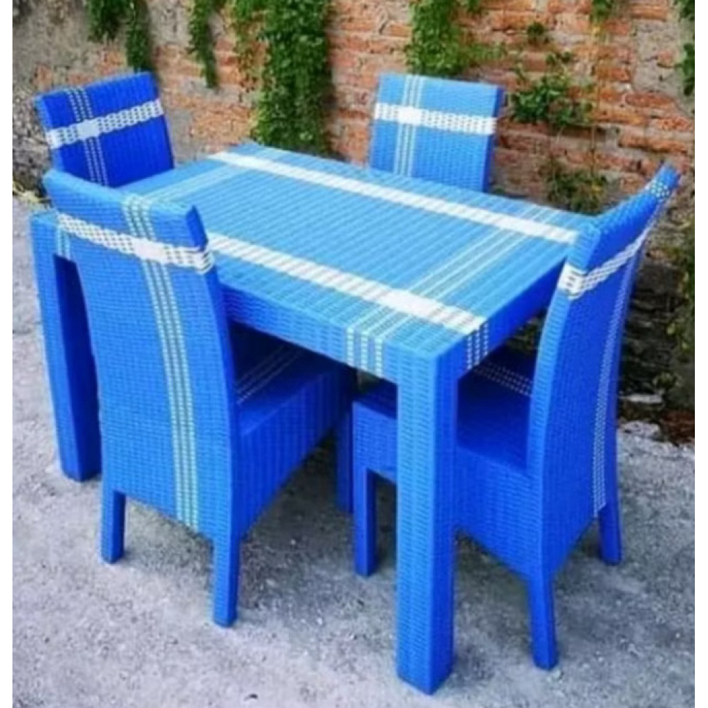 meja makan rotan kaca kursi 4