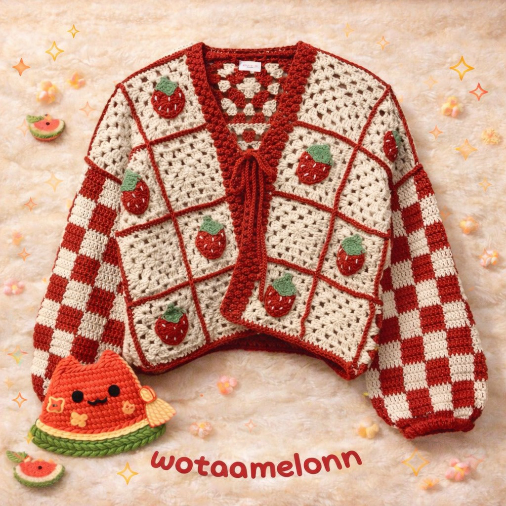 CUSTOM CARDIGAN STRAWBERRY RAJUT MOTIF STRAWBERRY CROCHET SQUARE CARDIGAN PATCHWORK HANDMADE (Rajut 